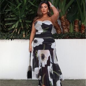 Floral Strapless Mesh Maxi Black Dress Size L *Brand New*